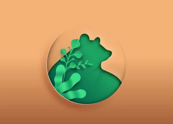 緑の植物の葉 野生動物保護 教育や環境に優しい概念のための円の形の切り抜きとクマ紙カットイラスト 野生生物環境保全3Dペーパーカットデザイン — ストックベクタ