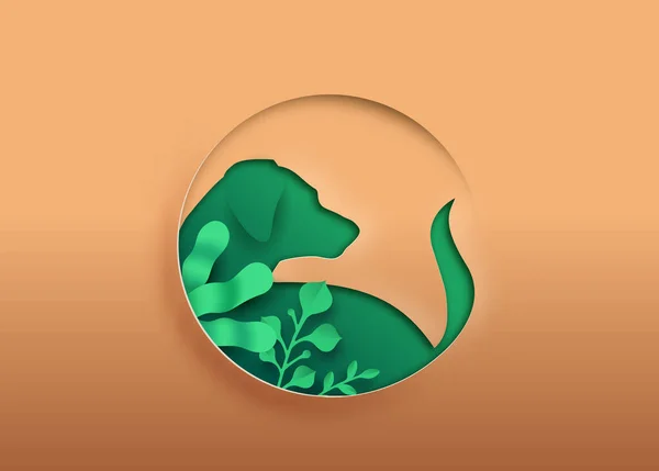 Hundepapierschnitt Illustration Mit Grünem Pflanzenblatt Kreisförmiger Ausschnitt Für Tiergesundheit Bildung — Stockvektor