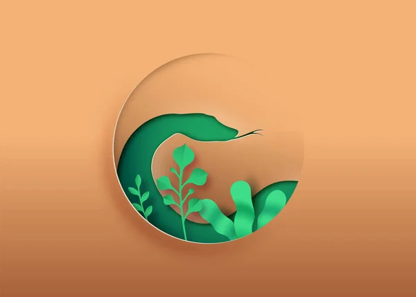 Snake Paper Cut Illustration Green Plant Leaf Circle Shape Cutout — Stock Vector