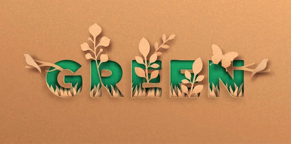 Citação Verde Papercut Ilustração Com Folhas Plantas Animais Selvagens Eco — Vetor de Stock