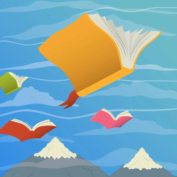Открытые Книги Летающие Небе Горного Пейзажа Чтения Воображения Образования Знаний — стоковый вектор