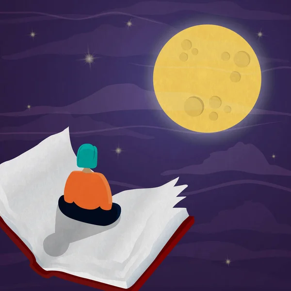 女性のオープンブックの夜の時間の夢の風景の中に満月と星の想像力の概念を読んで飛んで座っている 女の子は勉強の教科書や小説を読む レジャー活動のイラスト — ストックベクタ