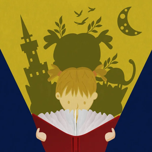 教育や想像力の概念のための小さな女の子の読書本 おとぎ話の城と月とファンタジーおとぎ話の世界の子供 夜のベッドタイムストーリー — ストックベクタ