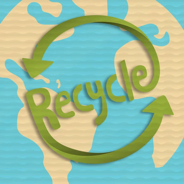 Illustration Eines Recycling Symbols Mit Einer Grünen Erdplanetenkarte Papiergeschnittener Kartonstruktur — Stockvektor
