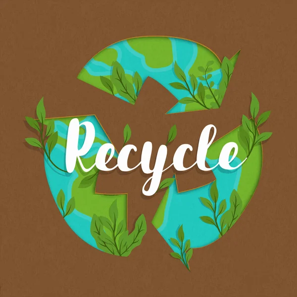 Recycle Symbol Illustration Mit Grüner Erdplanetenkarte Und Pflanzenblatt Recycelter Papiertextur — Stockvektor