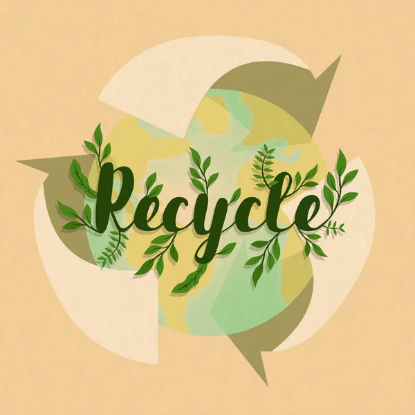 Recycling Symbol Illustration Mit Grüner Erdplanetenkarte Und Pflanzenblatt Umwelthilfekonzept Für — Stockvektor