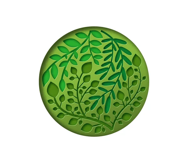 Groene Papercut Blad Cirkel Geïsoleerde Achtergrond Voor Eco Vriendelijke Milieu — Stockvector