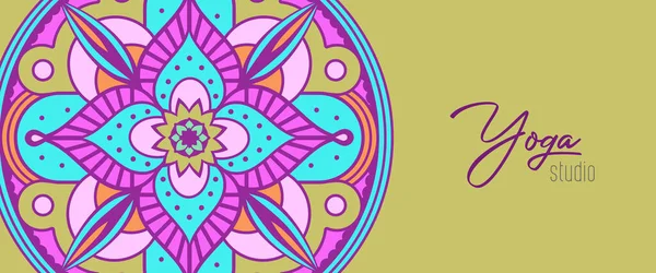 Ilustración Banner Estudio Yoga Con Diseño Tradicional Mandala Decoración Floral — Vector de stock