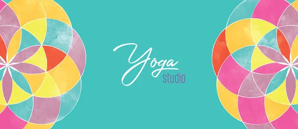 Ilustración Banner Estudio Yoga Con Diseño Mandala Moderno Colorido Decoración — Vector de stock