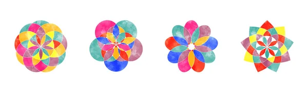 抽象的なインドのマンダラやカラフルな花の円と孤立した白い背景にトレンディーな水彩絵具テクスチャと神聖な幾何学装飾セット — ストックベクタ