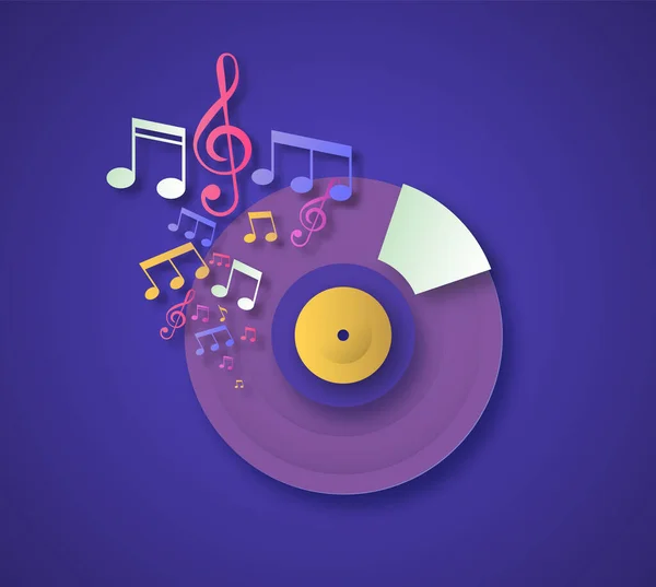 Modern Kağıt Kesim Tarzında Renkli Müzik Notaları Vinil Müzik Sesli — Stok Vektör