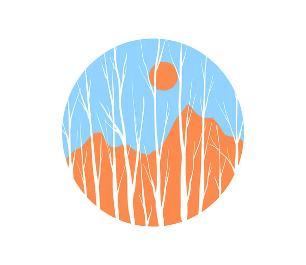 Bosque Arbóreo Invierno Con Montaña Sol Sobre Fondo Aislado Abstracto — Vector de stock