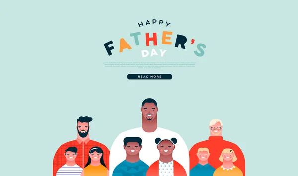 Happy Father Day Plantilla Landing Page Diversas Familias Con Papá — Vector de stock