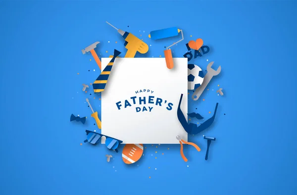 父亲节快乐贺卡白色相框与3D剪纸图标装饰 包括胡子 运动球和庆祝家庭节日的特殊工具或爸爸的礼物 — 图库矢量图片