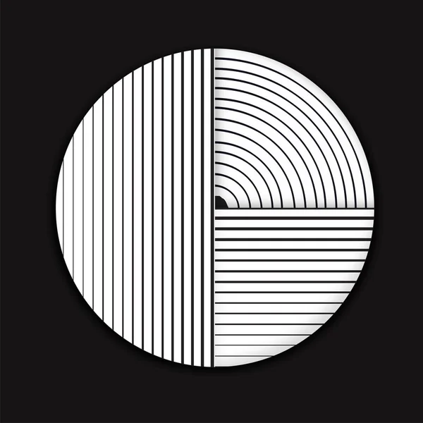 抽象的な幾何学的な線の円のイラストレトロなアートデコスタイルや現代のミニマリスト幾何学装飾 黒と白の丸カバーのデザインを隔離 — ストックベクタ