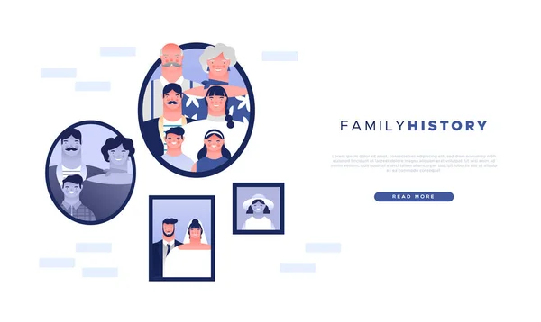 História Família Modelo Web Ilustração Quadros Fotos Antigas Famílias Personagens — Vetor de Stock