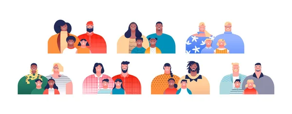 Collection Personnages Familiaux Diversifiés Avec Parents Enfants Même Sexe Étude — Image vectorielle