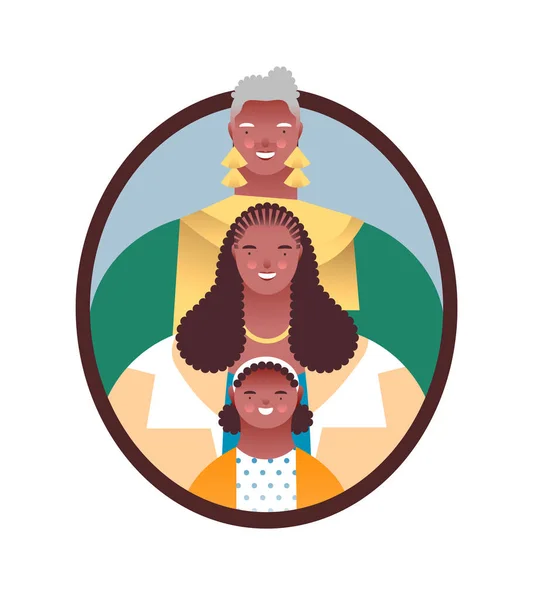 孤立した白い背景に複数世代のアフリカ系アメリカ人の家族の写真フレーム 異なるライフステージの女性のみのグループ 女の子の子供 母親と祖母が含まれています — ストックベクタ