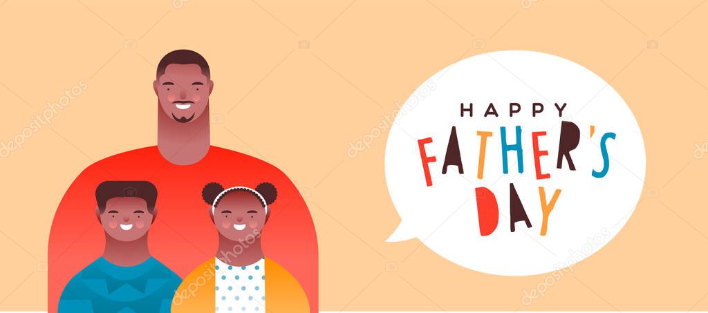 Happy Father's Day banner illustration of african american dad with little boy and girl children smiling. Family portrait for special fathers holiday event.