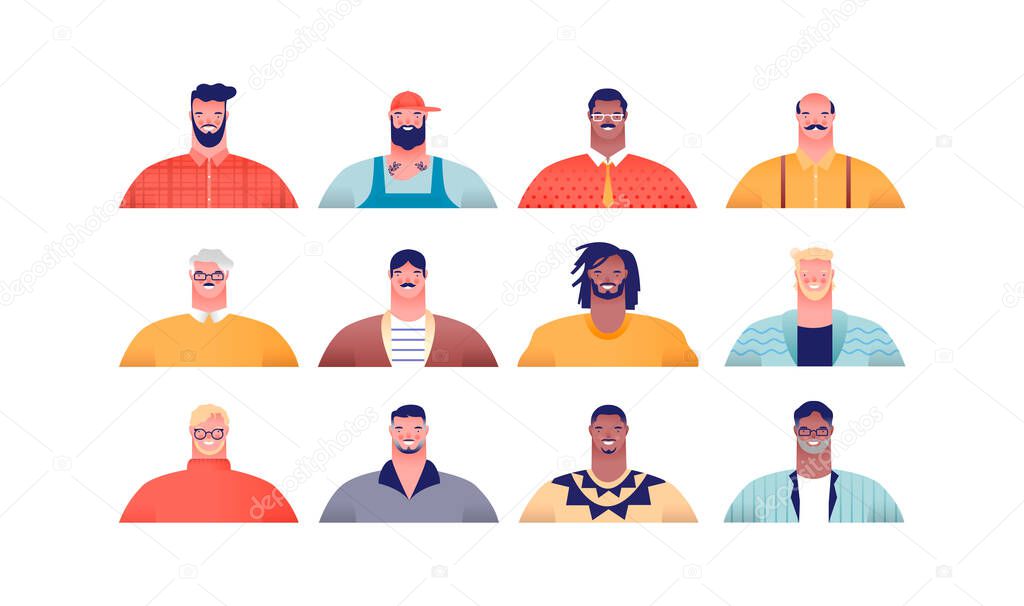 Diverse men group set on isolated white background. Modern cartoon character collection of adult male people for father concept or social project.
