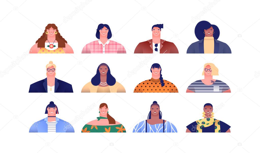 Diverse women group set on isolated white background. Modern cartoon character collection of adult female people for mother concept or social project.