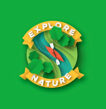 Doğa alıntı etiketini 3 boyutlu kağıt kesiği tarzında keşfedin. Açık hava spor illüstrasyonları kağıt kesimli kano botu, nehir suyu ve yeşil ağaçlarla. Ekstrem rafting tatil macerası veya eko turizm konsepti.