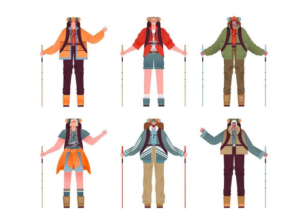 Conjunto Diversas Personas Con Equipo Senderismo Mochila Camping Sobre Fondo — Vector de stock