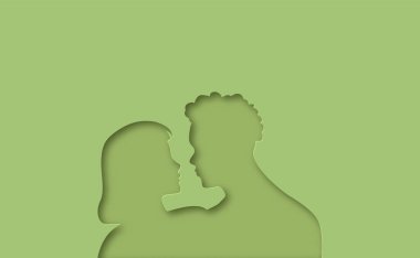 Genç adam ve kadın üç boyutlu kağıt kesim ustalığı tarzında bir arada. Ayrı kâğıt kesiği çift aşkının ya da ırklar arası ilişki konseptinin çizimi.