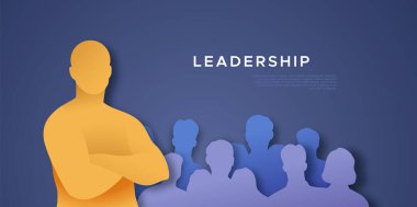 Kalabalığın önünde kollarını kavuşturan bir adam. Üç boyutlu kağıt kesimi iş illüstrasyonu, liderlik şablonu. Erkek takım lideri çalışma alanında kendinden emin duruyor..