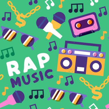 Rap müzik, renkli eski tarz hip hop müzik ikonlarının kusursuz tasviri. Kentsel sokak geçmişi mikrofon, altın zincir, karışık kaset.