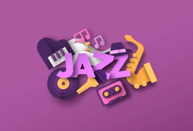 Caz müzik tarzı illüstrasyon ve üç boyutlu kağıt kesimi müzik aleti simgeleri. Yaratıcı festival ya da konser konsepti. Saksafon, piyano, vinil....