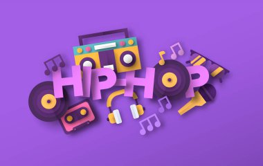Hip hop müzik tarzı illüstrasyon ve 3 boyutlu kağıt kesimi ses ekipmanı simgeleri. Şehir bandosu konseri, canlı müzik etkinliği konsepti. Mikrofon, retro teyp, kulaklık içerir.