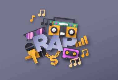 Rap müzik tarzı illüstrasyon ve üç boyutlu kağıt, müzik aletleri simgeleri. Şehir rap dövüşü ya da sokak müziği konsepti. Mikrofon, altın zincir, karışık kaset içerir.