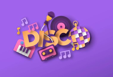 Disko müzik tarzı illüstrasyon ve üç boyutlu kağıt kesimi müzik aleti simgeleri. Retro 80 'lerin orkestra konseri, canlı konser ya da dans partisi konsepti. Mikrofon, klüp topu, kaset..