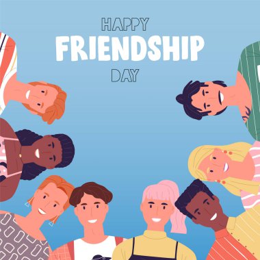Mutlu dostluk günü tebrik kartı, gülümseyen gençler grup olarak kucaklaşın, çeşitli çizgi film karakterlerinden oluşan gülen arkadaş takımı.