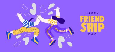 Mutlu arkadaşlık günü web afişi, kadın ve erkek arkadaşlarının birlikte beşlik el hareketi yaptığı bir resim. Özel en iyi arkadaş ilişkisi kutlaması, modern düz çizgi film olay tasarımı.