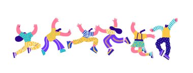 Büyük arkadaş grubu birlikte beşlik el hareketi yapıyor. Takım çalışması, dostluk kutlaması veya yardım kavramı için izole edilmiş beyaz arkaplan üzerine modern düz çizgi film karakteri çizimi.