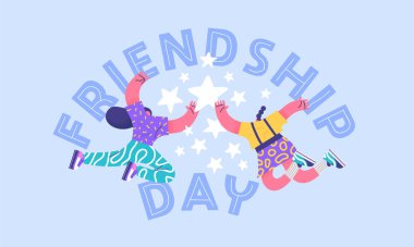 Mutlu arkadaşlık günü tebrik kartı illüstrasyonları genç bayan arkadaşlar birlikte beşlik el hareketi yapıyorlar. Özel en iyi arkadaş ilişkisi kutlaması, renkli düz çizgi film karakterleri..