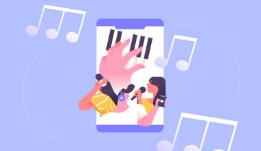 Düz çizgi film insanları kulaklıkla müzik dinliyor ve akıllı telefon uygulaması içinde müzik aletleri çalıyorlar. Ses yayını veya mobil teknoloji kavramı.