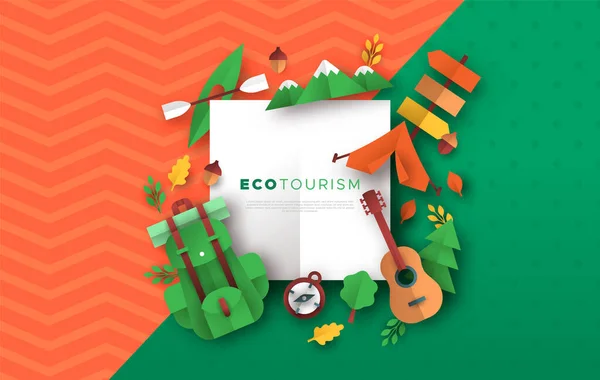 Eco Tourism Frame Template Outdoor Travel Icons Papercut Craft Style — Stock Vector