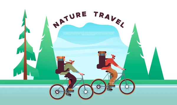 Sırt Çantalı Dağ Bisikleti Süren Mutlu Bir Adam Kadın Yeşil — Stok Vektör