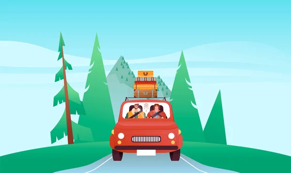 快乐的男人和女人开着车在前面看 复古的车在山林景观背景下 公路旅行度假概念的现代平面卡通人物图解 — 图库矢量图片
