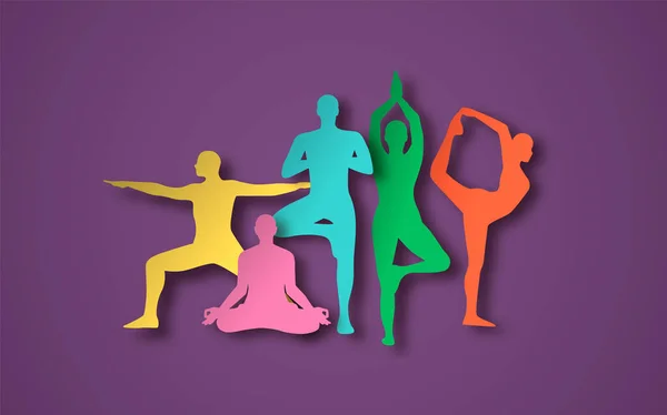 Färgglada Människor Grupp Yoga Poserar Tillsammans Papercut Hantverk Illustration För — Stock vektor