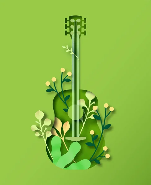 Instrumento Guitarra Acústica Verde Estilo Artesanal Corte Papel Con Decoración — Vector de stock