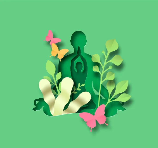 Silueta Mujer Verde Haciendo Yoga Loto Pose Árbol Concepto Cuerpo — Vector de stock