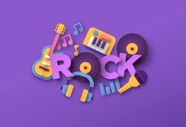 Ροκ Μουσική Στυλ Εικονογράφηση Χαρτί Κομμένα Μουσικά Όργανα Εικόνες Εξοπλισμού — Διανυσματικό Αρχείο