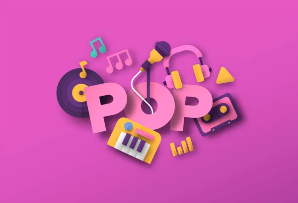 Pop Musik Stil Illustration Med Papper Skära Musikinstrument Utrustning Ikoner — Stock vektor