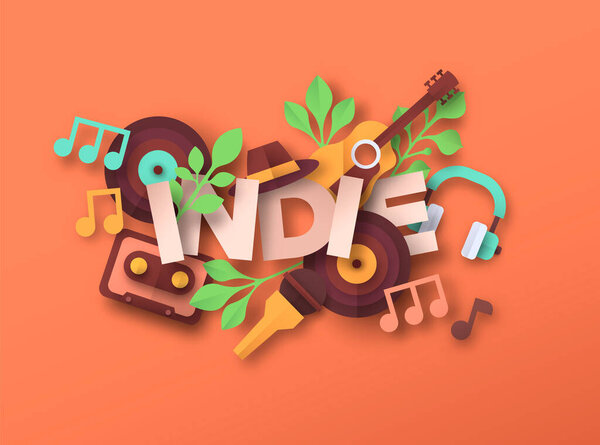 Иллюстрация в стиле инди с использованием музыкальных инструментов 3D-резки. Концерт независимой группы, живая акустическая концепция мероприятия. Включает микрофон, гитару, хипстерские наушники
.