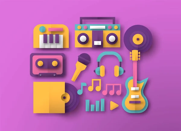 Coleção Ícones Música Corte Papel Colorido Instrumento Musical Conjunto Equipamentos — Vetor de Stock