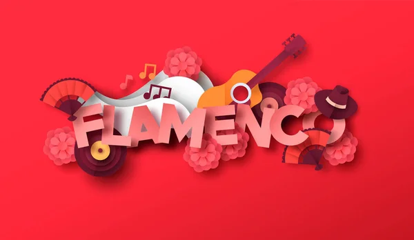 Flamenco Musik Stil Illustration Med Papper Skära Musikalisk Utrustning Ikoner — Stock vektor